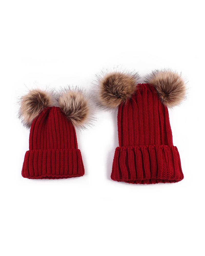 

2PCS/Set Parent-baby Double Pom Pom Knit Cuffed Beanie, Red