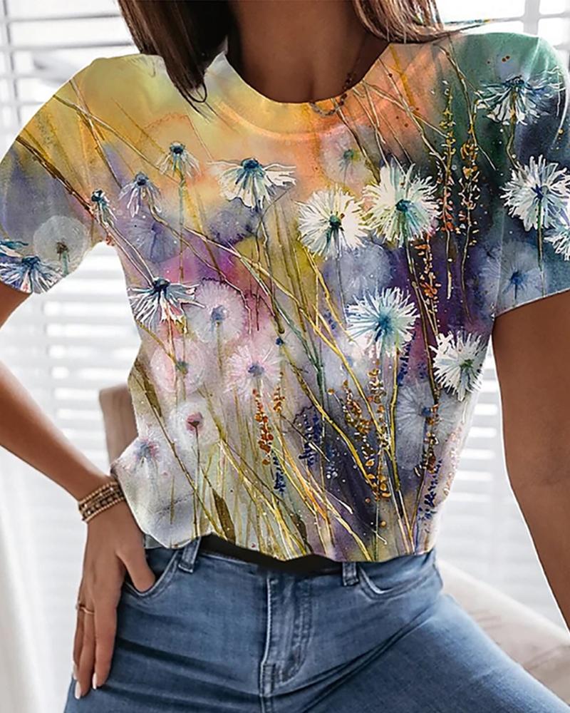 

Floral Graphic Print Round Neck Tops Basic T-shirt, Blue