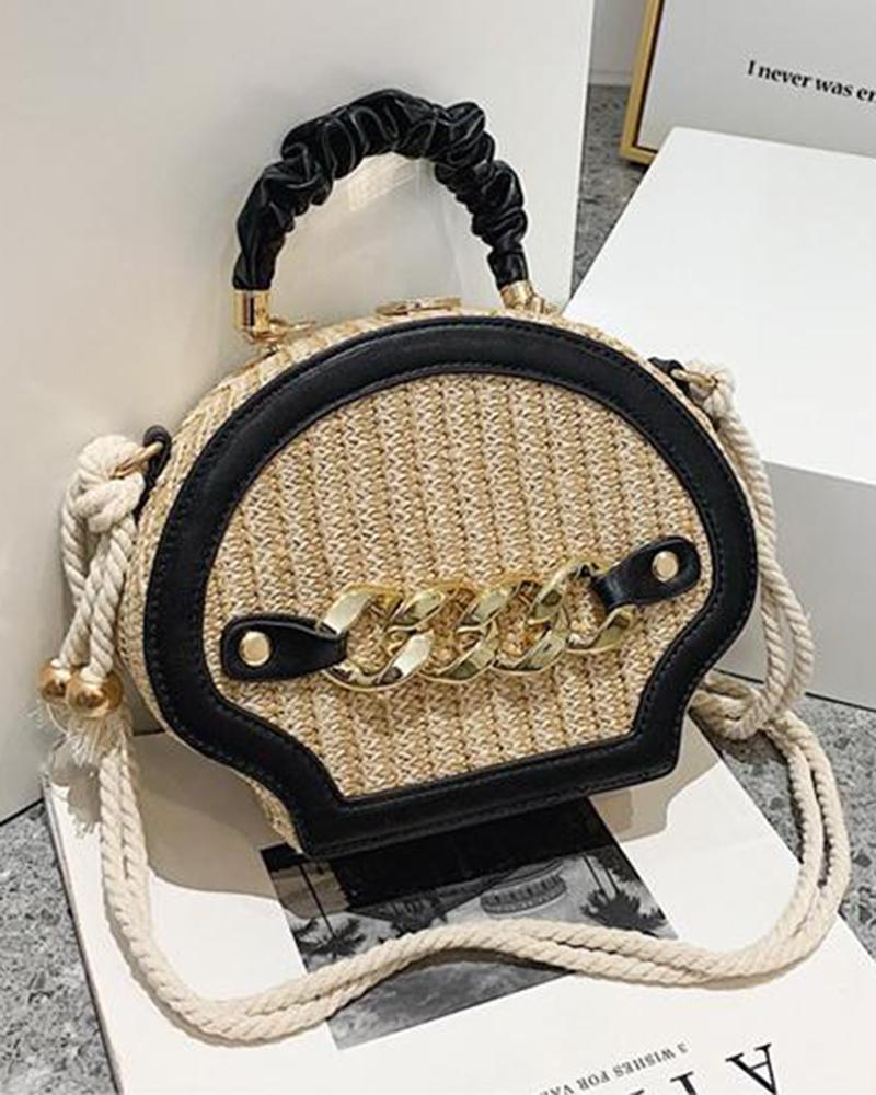 

Trendy Chain Decor Handbag Straw Crossbody Bag, Black