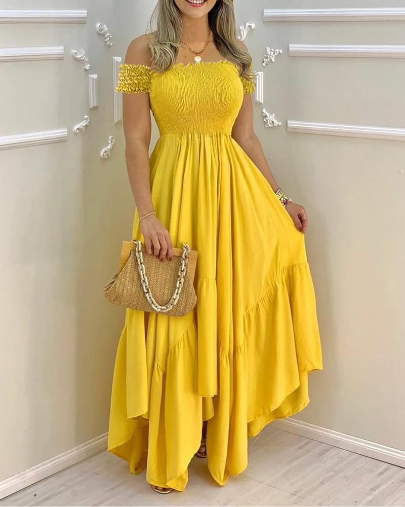 

Off Shoulder Shirred Ruffles Maxi Dress, Yellow