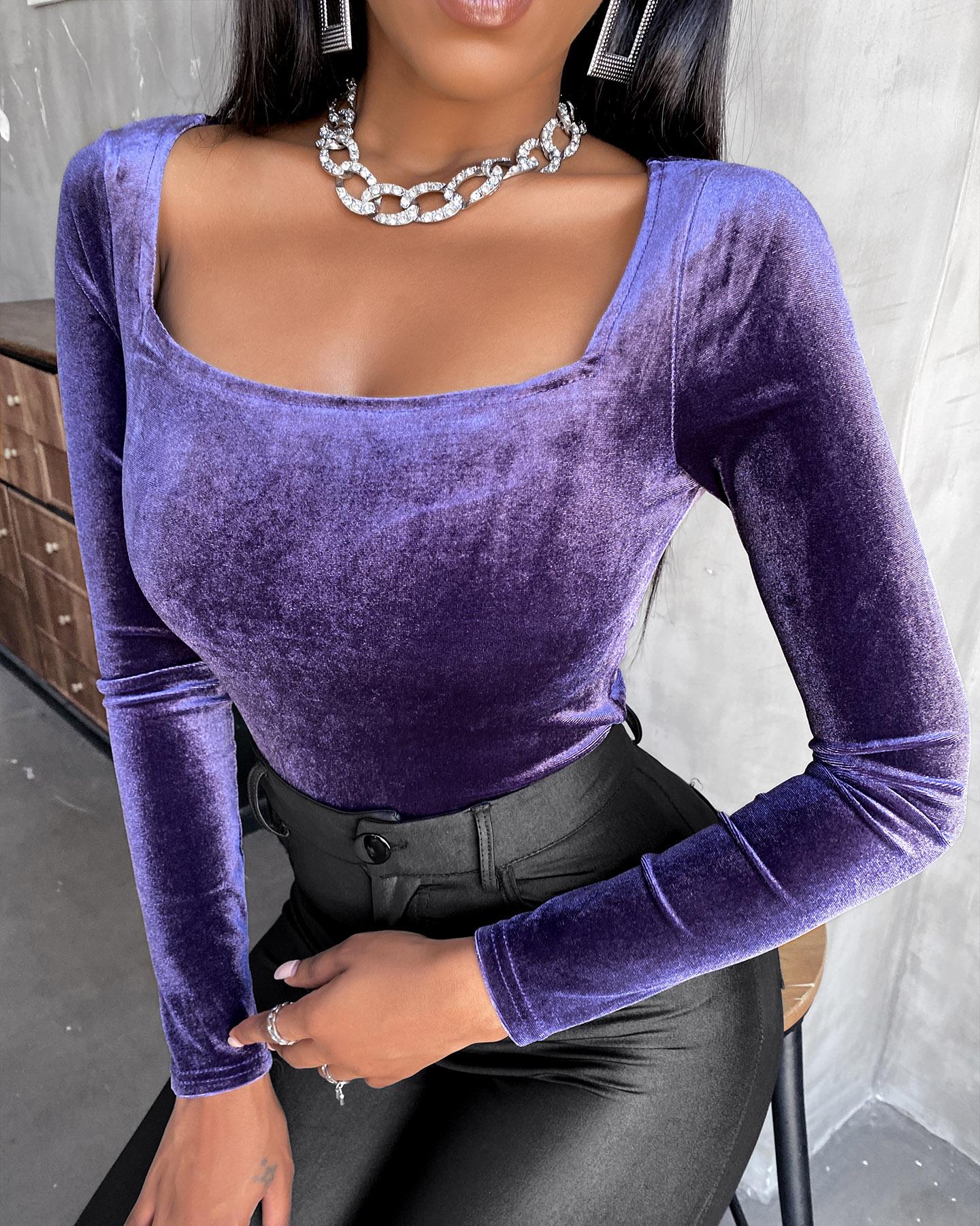 

Velvet Plain Long Sleeve Top, Purple