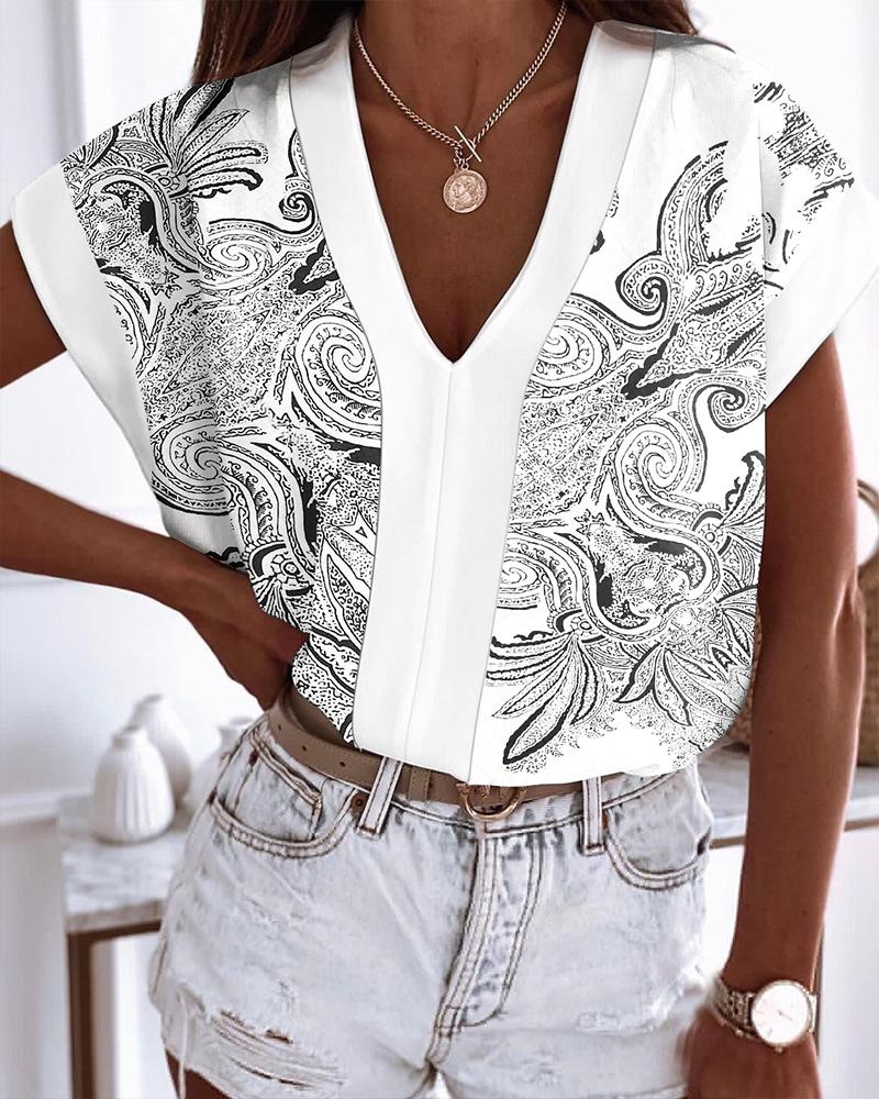 

Floral Print V-neck Short Sleeve Casual Top, White