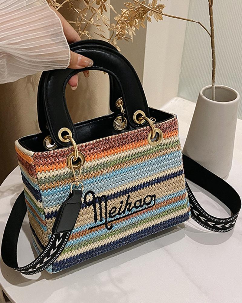 

Braided Rainbow Stripe Letter Embroidery Straw Satchel Bag, Multicolor