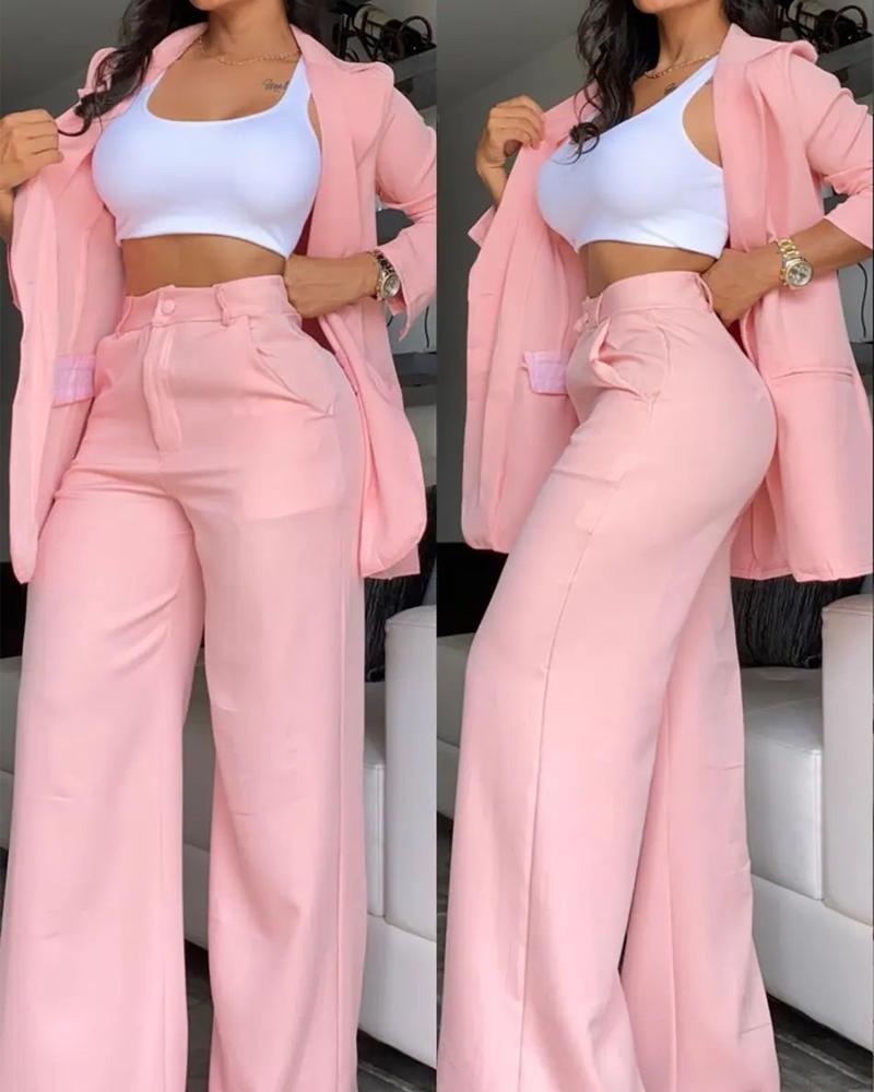 

Notched Collar Blazer Coat & Pocket Design Pants Set, Pink