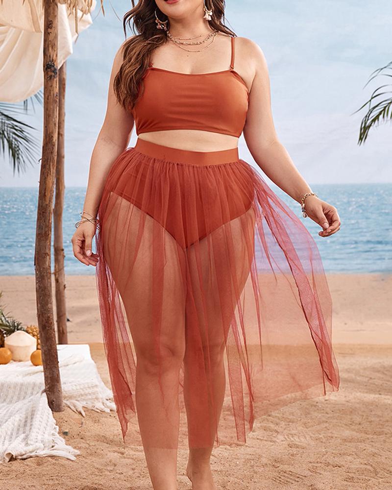 

Plus Size 3PCS High Waist Bikini Set With Sheer Mesh Cover Up, Orange