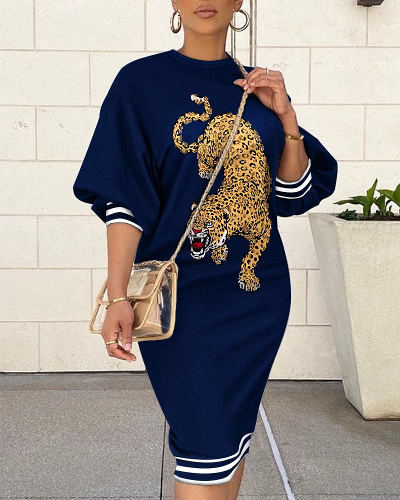 

Leopard Print Lantern Sleeve Casual Dress, Purplish blue
