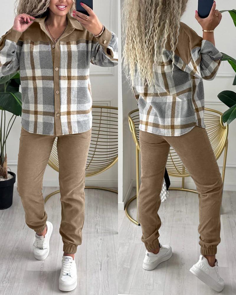 

Conjunto de 2 peças com estampa xadrez, gola virada para baixo, botões frontais, bainha assimétrica, blusa e calça jogger casual com cós elástico, Light coffee