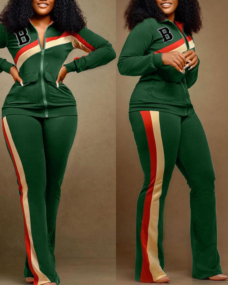 

Contrast Paneled Letter Print Zip Up Top & Pants Set, Green