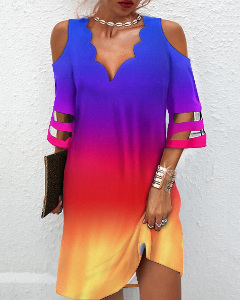 Ombre Contrast Mesh Cold Shoulder Casual Dress