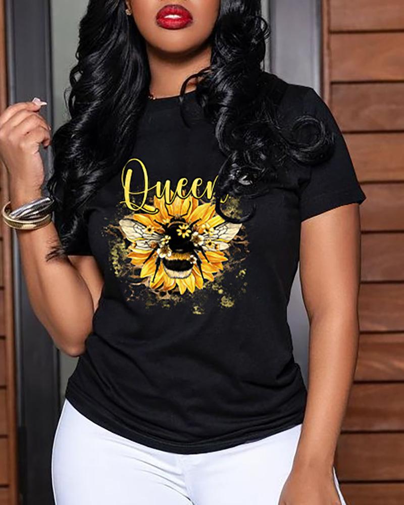 

Sunflower Bee Print Short Sleeve T-shirt, Black