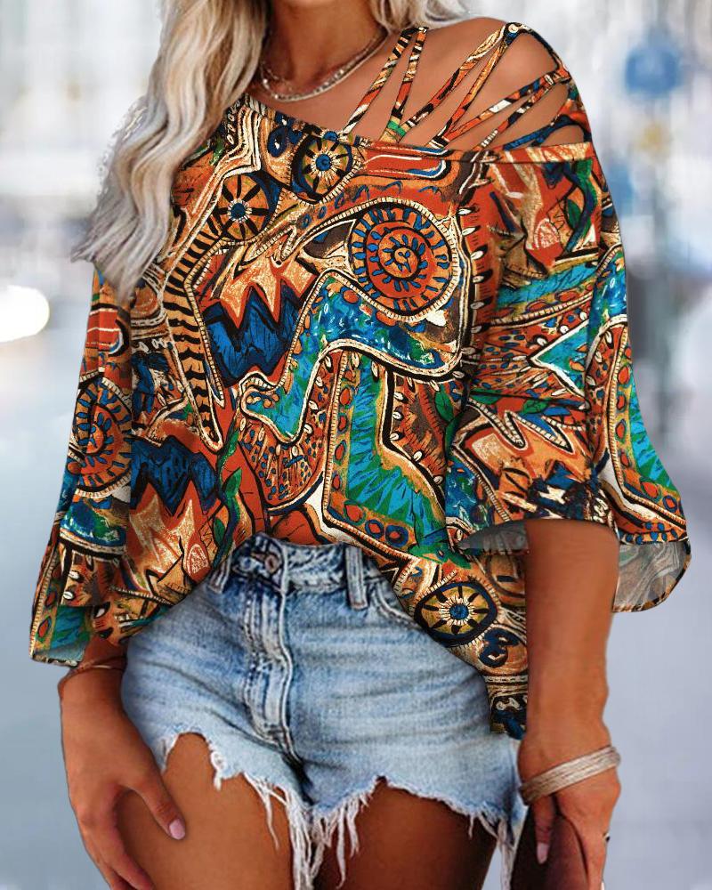 

Plus Size Tribal Print Cold Shoulder Crisscross Top, Khaki