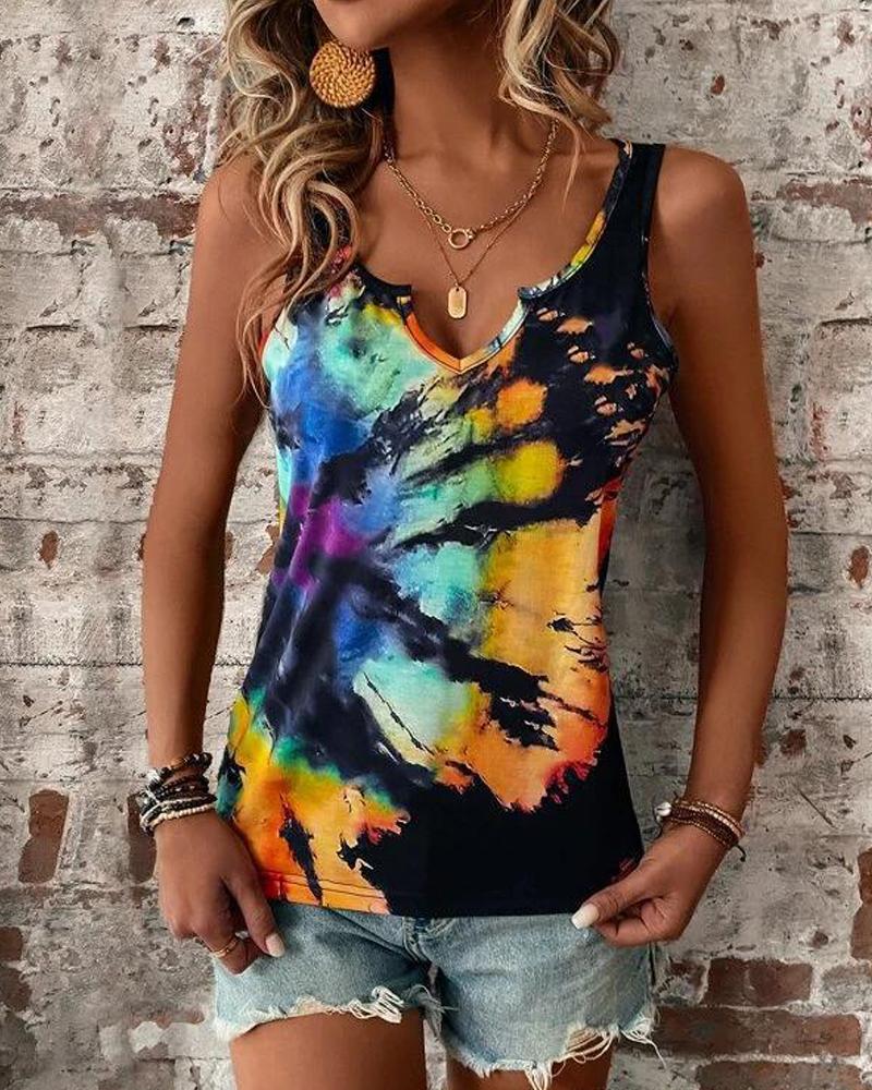 

Tie Dye Print Notch Neck Sleeveless Tank Top, Yellow