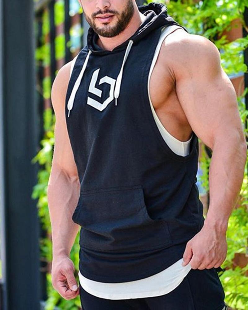 

Logo Embroidery Sleeveless Skinny Hoodies Tanks, Black