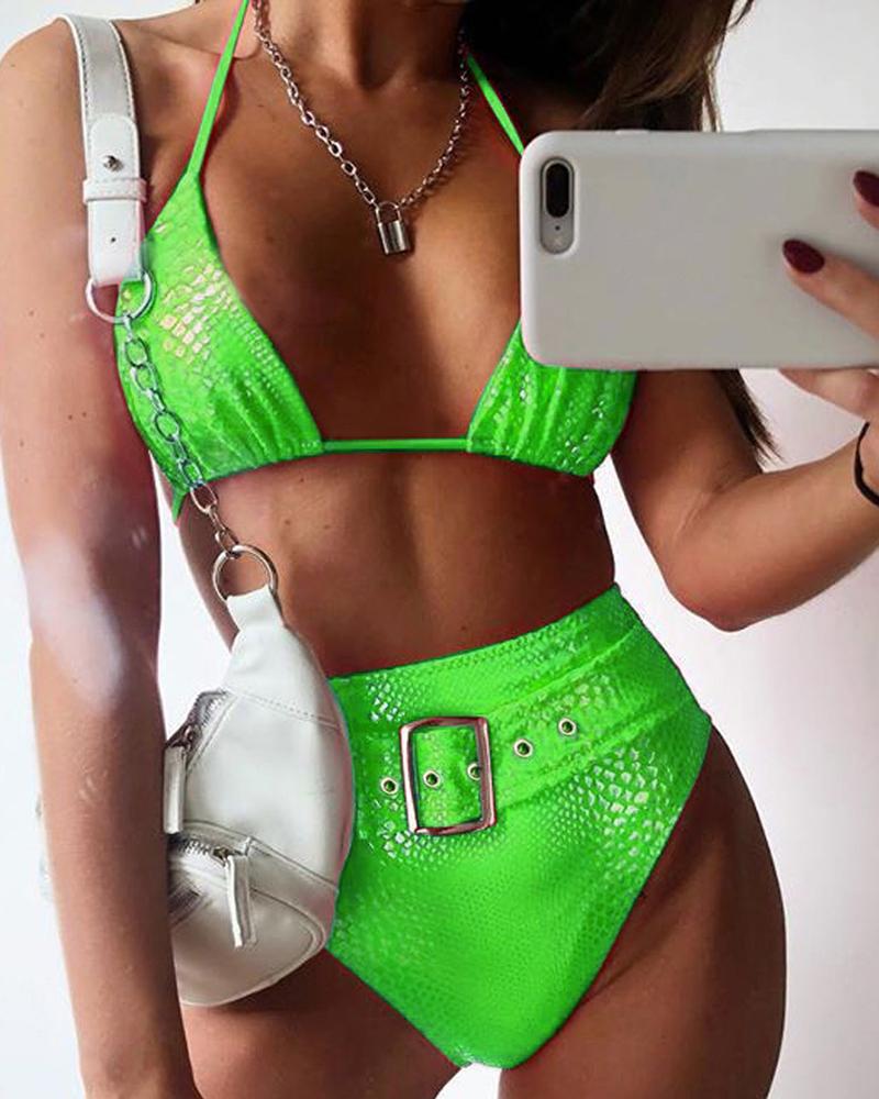 

Halter Crocodile High Waist Bikinis Set, Green