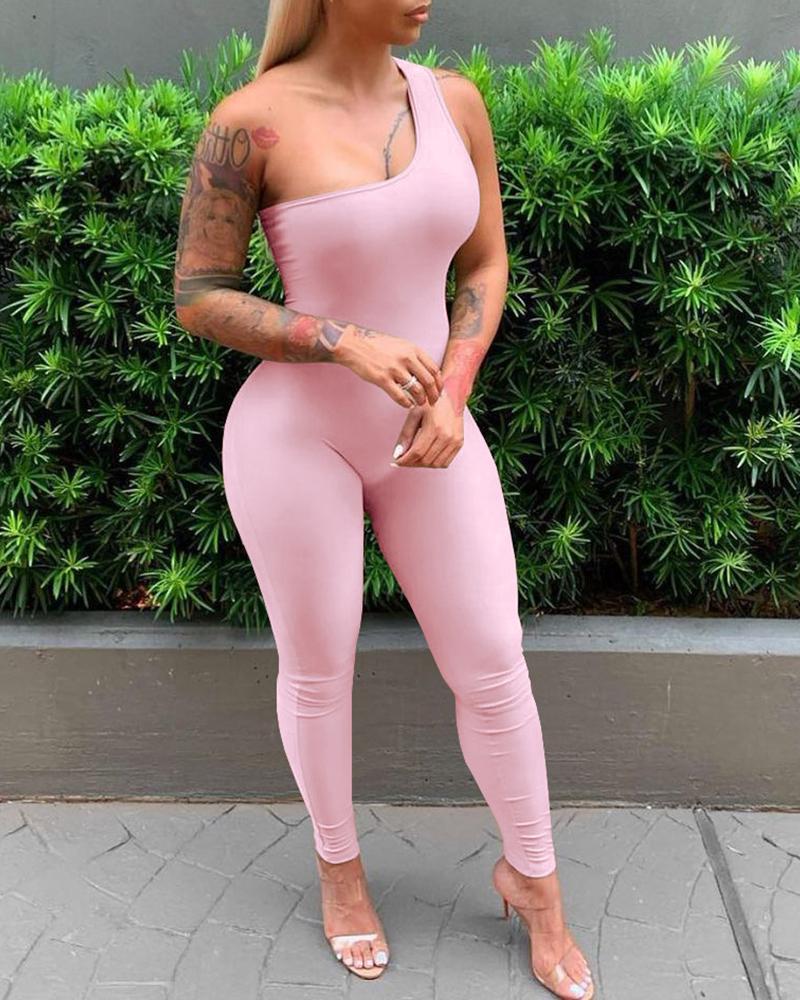 

One Shoulder Sleeveless Plain Skinny Jumpsuit, Pink
