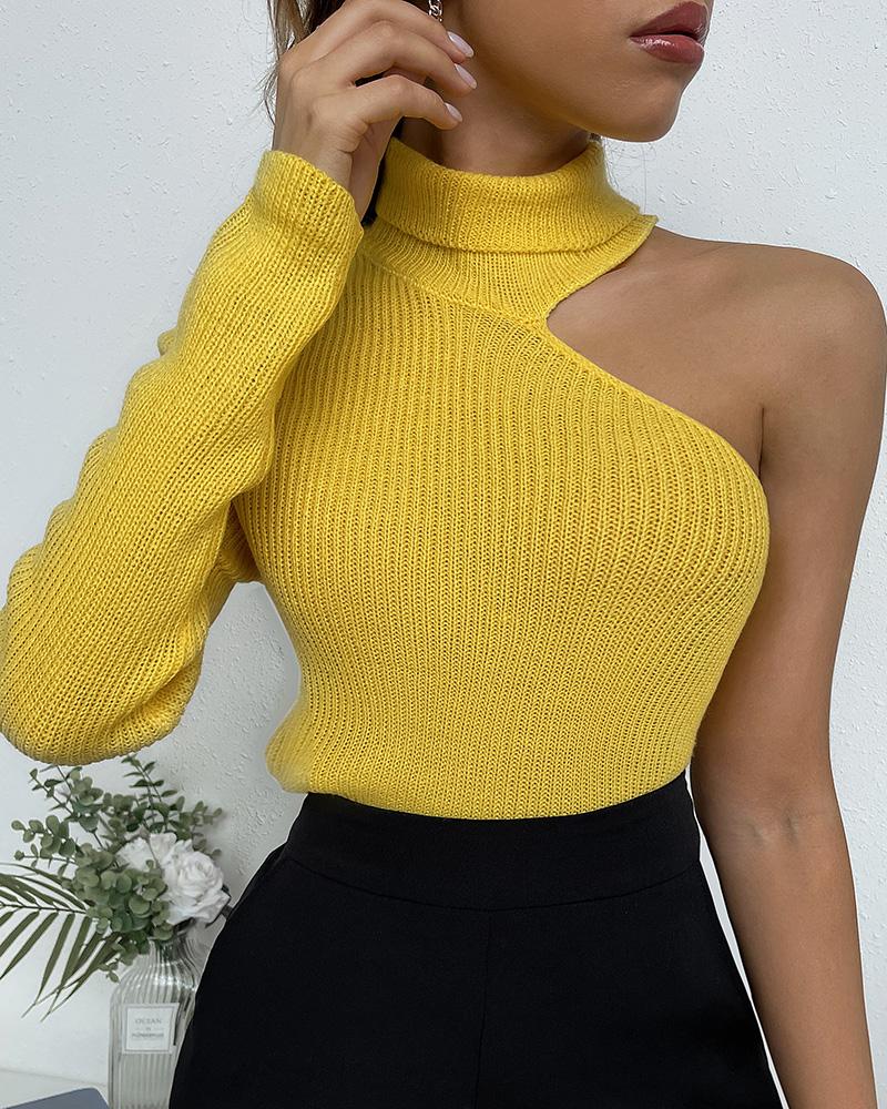 

High Neck One Shoulder Skinny Knit Top, Yellow