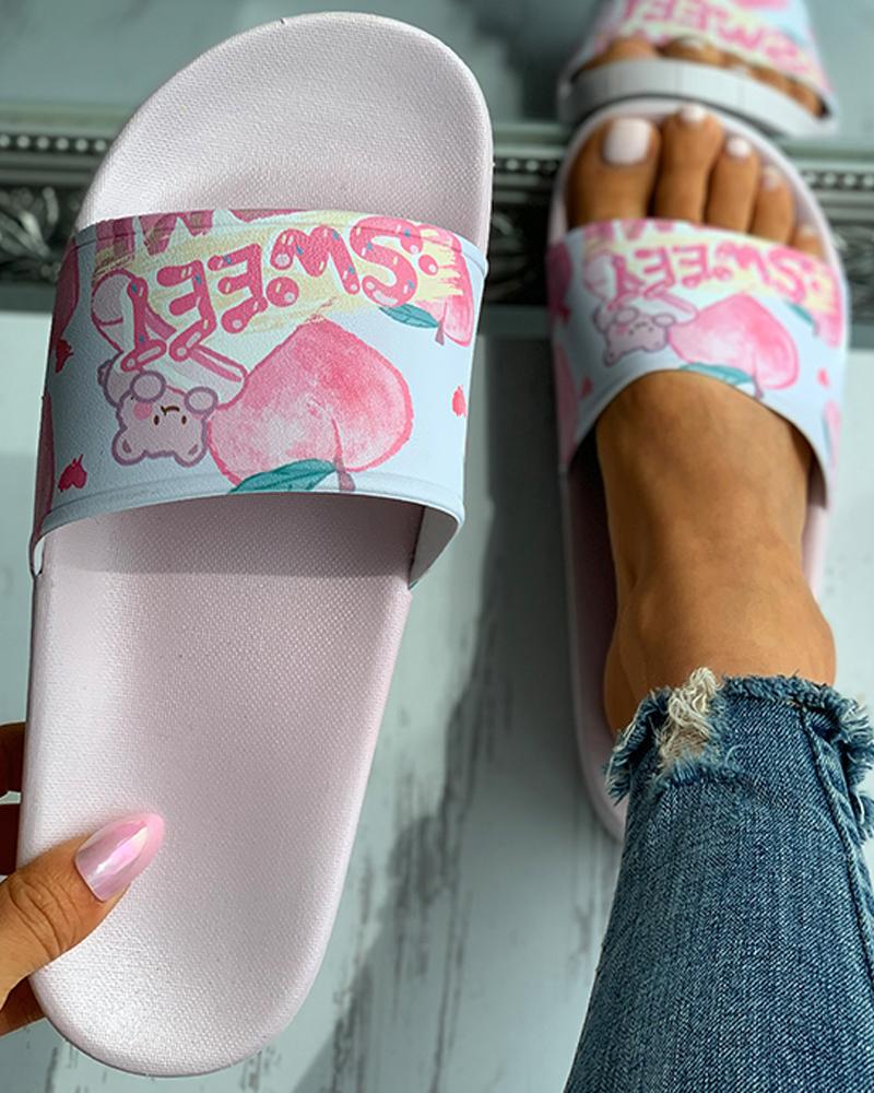 

Cartoon Letter Print Open Toe Slippers, Pink