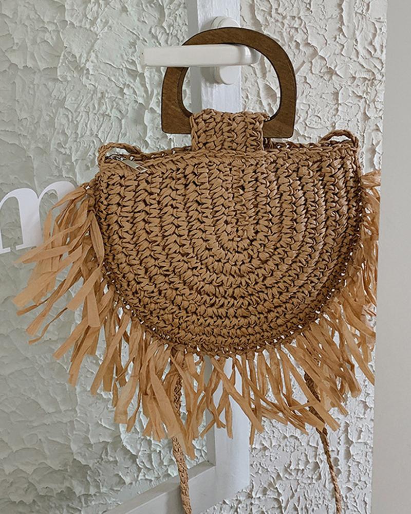 

Tassel Design Top Handle Straw Bag, Khaki