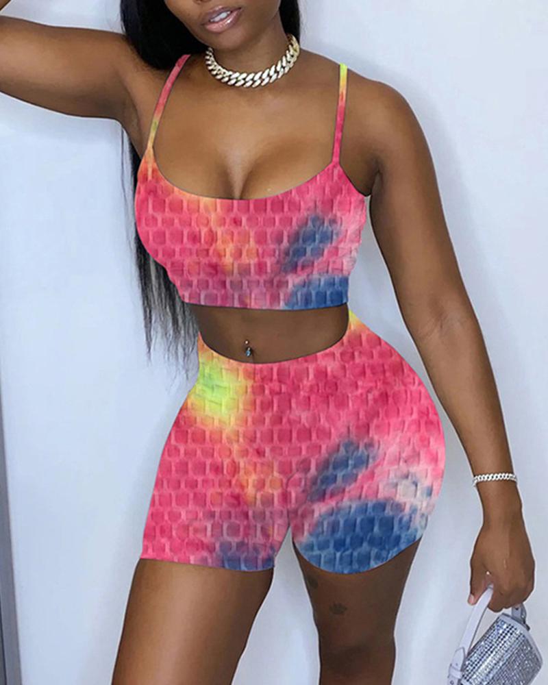 

Tie Dye Multicolor Print Strap Tanks With Shorts Suit Sets