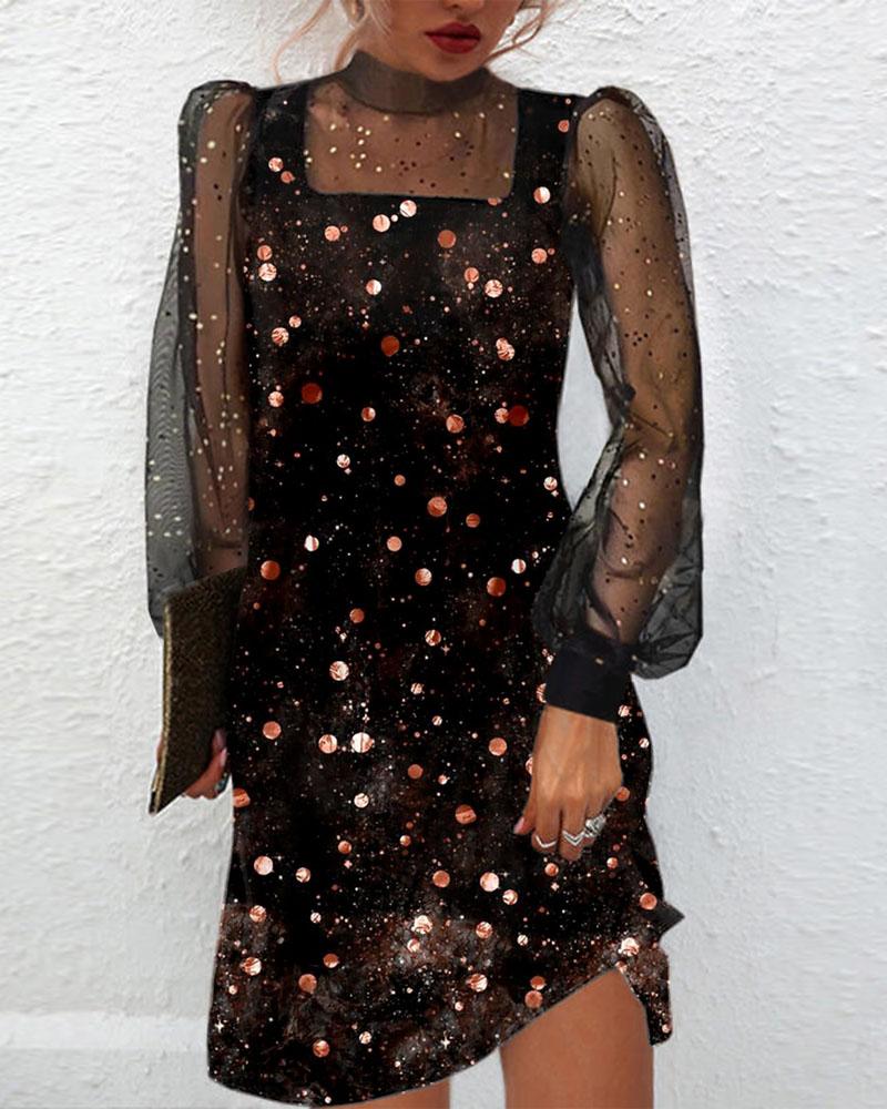 

Polka Dot Contrast Mesh Long Sleeve Casual Dress, Black