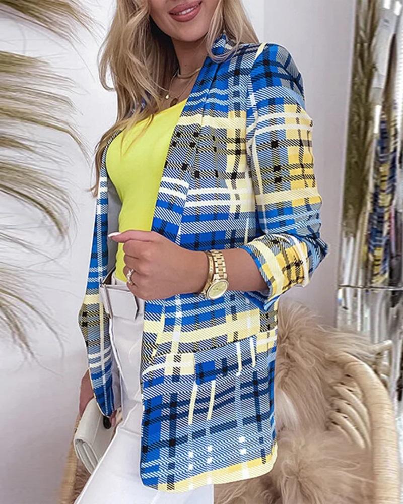 

Plaid Print Flap Detail Shawl Collar Blazer, Yellow