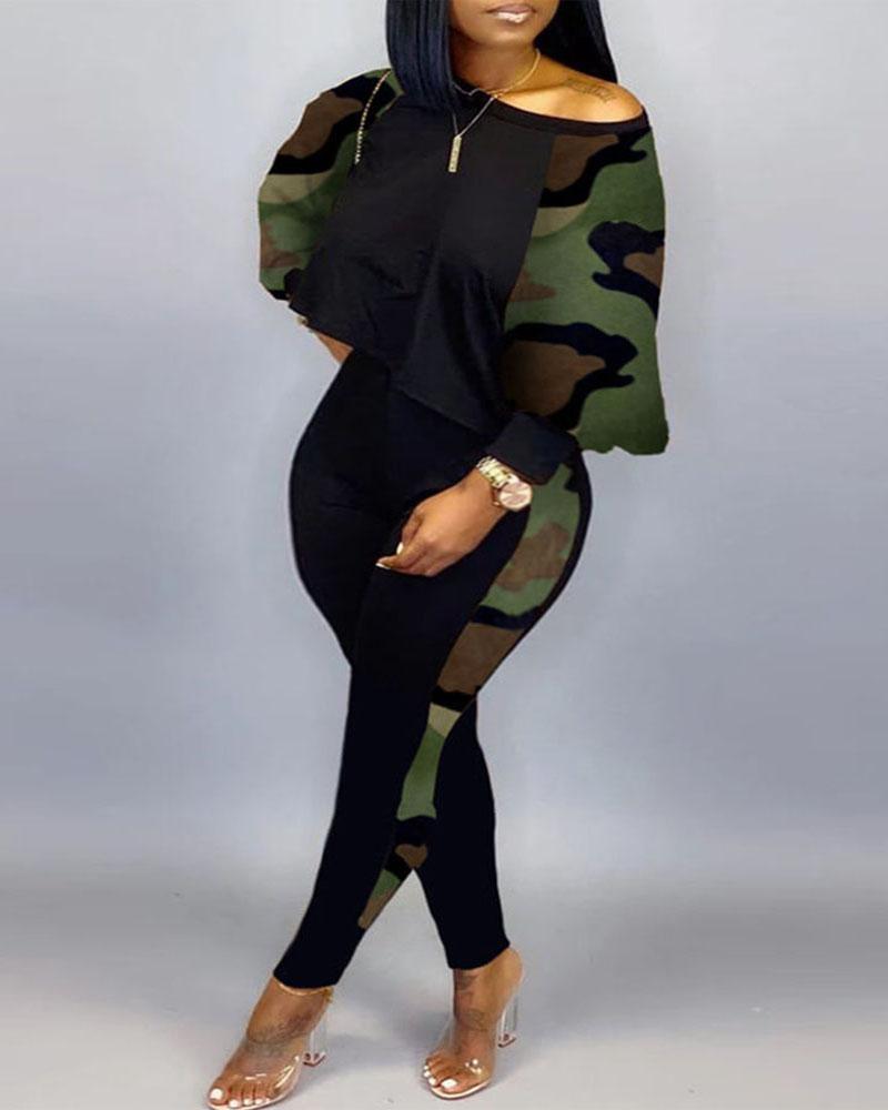 

Plus Size Camouflage Print Long Sleeve Top & Pants Set, Black