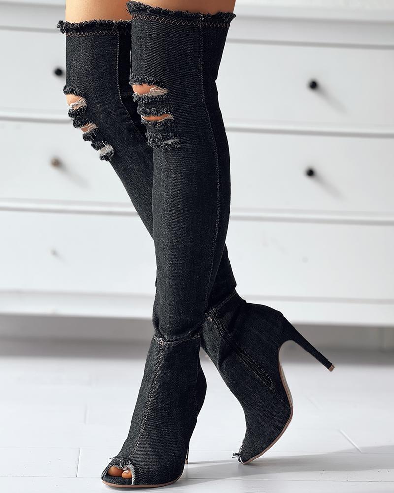 

Denim Ripped Fringe Hem Over The Knee Boots, Black