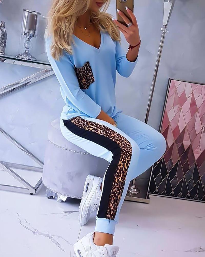 

Cheetah Print Pocket Design Top & Pants Set, Sky blue