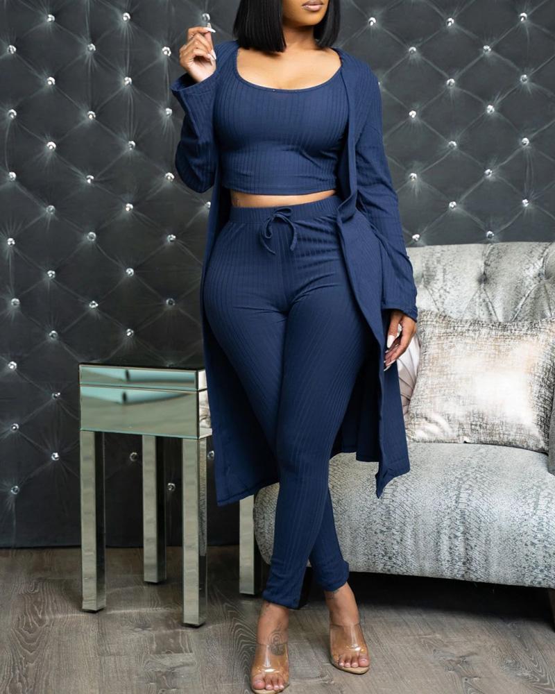 

3PCS Ribbed Crop Top & Pants Set With Longline Coat, Blue