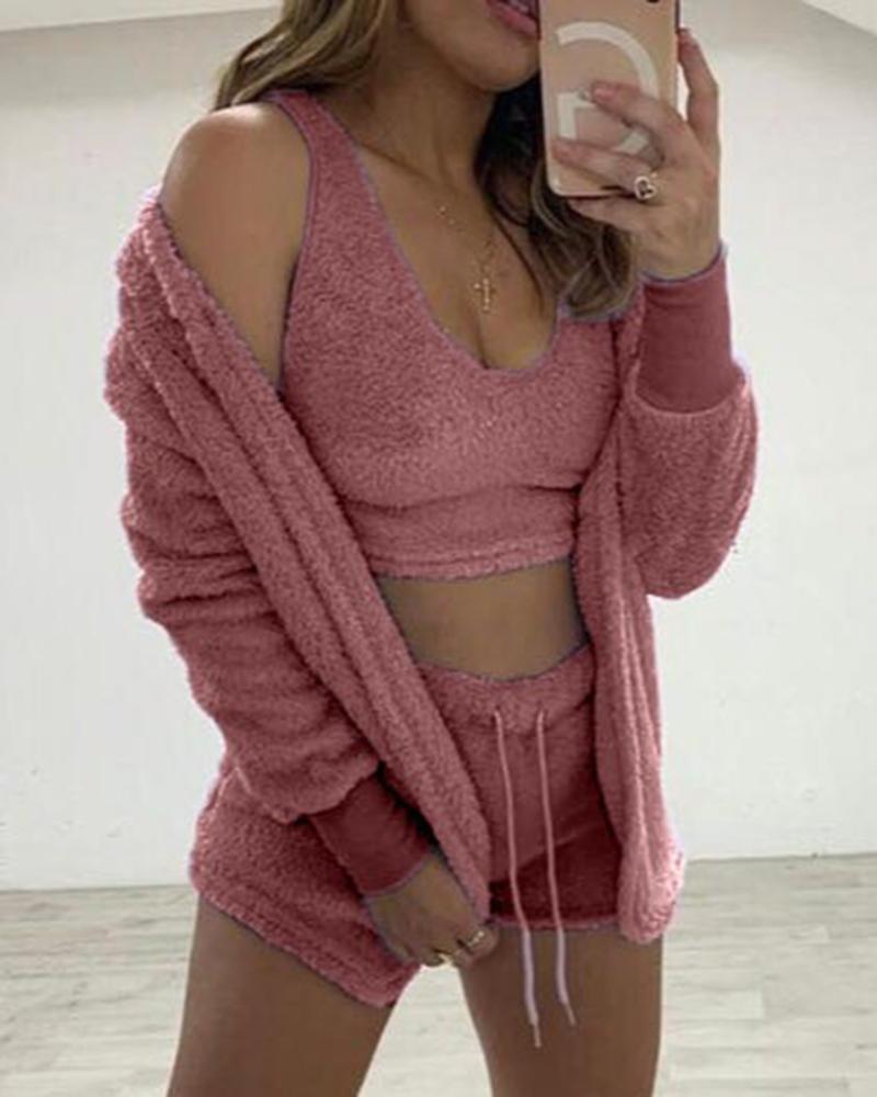 

Fuzzy Tank Top & Shorts Set With Cardigan, Pink