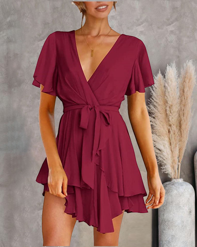 

Overlap Collar Ruffle Hem Belted Casual Dress, Wine red