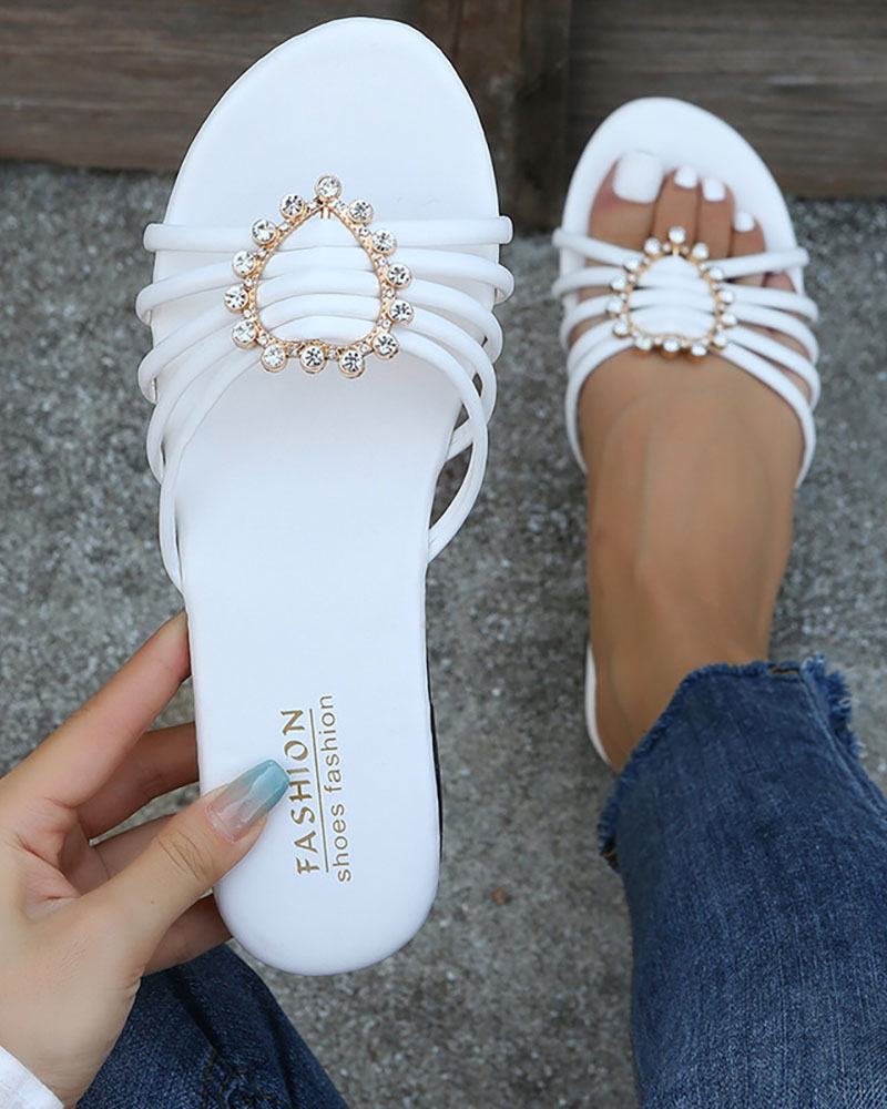 

Rhinestone Hollow Out Heart Pattern Multi Strap Slippers, White