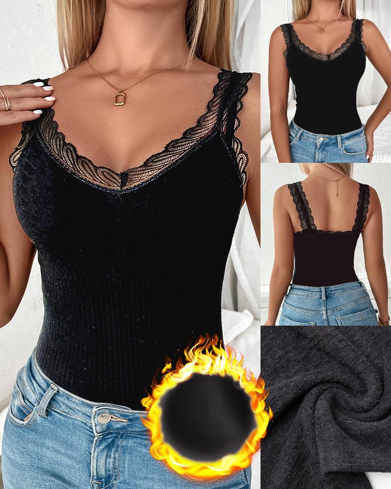 

Contrast Lace Warm Fleece Lined Tank Top, Black