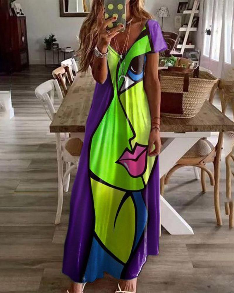 

Abstract Figure Print V-Neck Maxi Dress, Style2