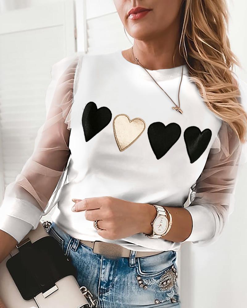 

Heart Print Round Neck Puff Sleeve Top, White
