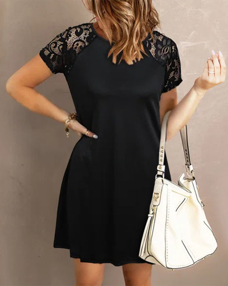 

Contrast Lace Short Sleeve Casual Dress, Black