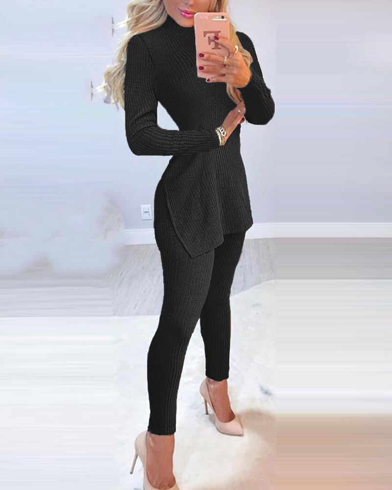

Solid Knitted Long Sleeve Skinny T-shirts With Skinny Pants Suit Sets, Black