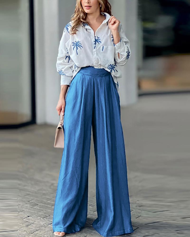 

2PCS Palmtree Print Long Sleeve Blouse /w Wide Leg Pants Set, Blue