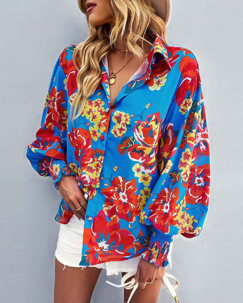 

Buttoned Floral Print Lantern Sleeve Top, Blue