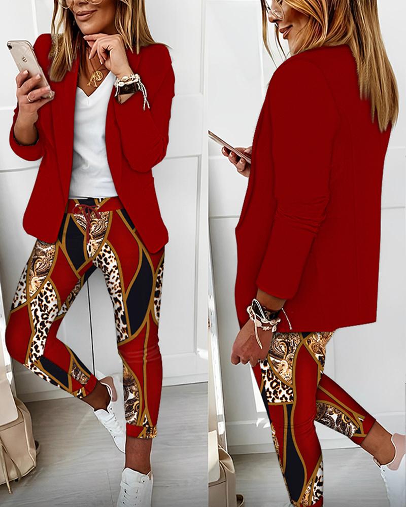 

Shawl Collar Blazer Coat & Baroque Leopard Print Pants Set, Red