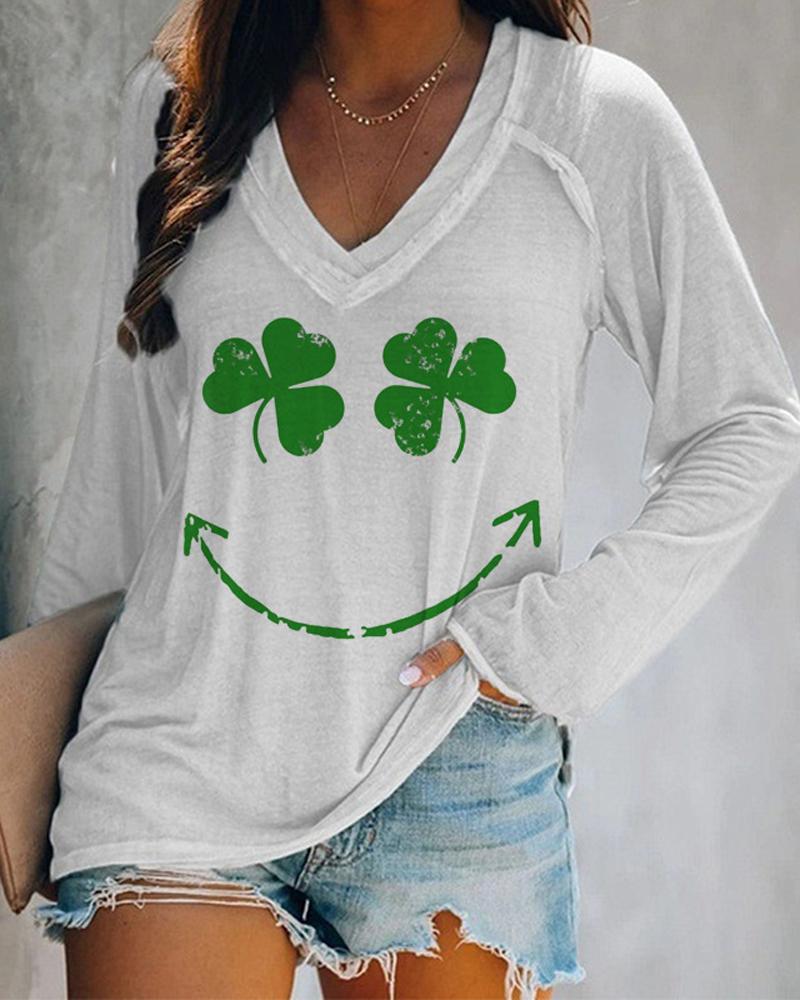 

St. Patrick' Day Lucky Shamrock Print Long Sleeve Top, White