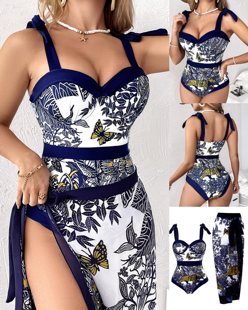 

Plants Tiger Print One-Piece Swimsuit With Cover Up, Blue