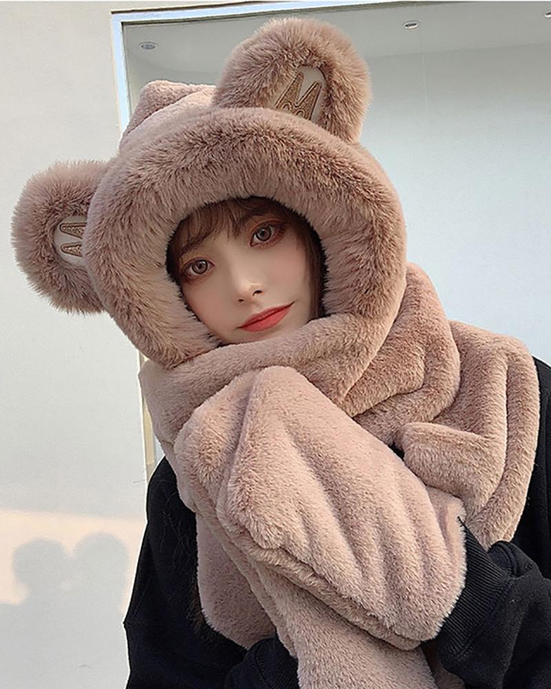 

Fluffy 3D Ear Design 3 In 1 Hat With Scarf & Gloves, Coffee