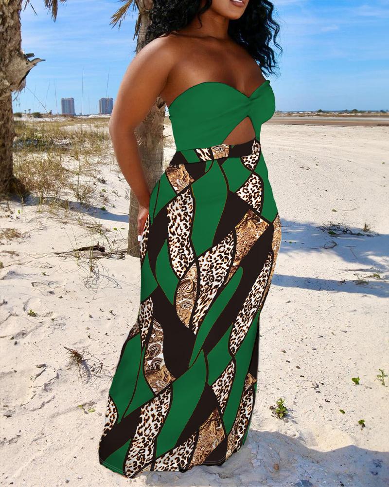 

Plus Size Baroque Leopard Print Bandeau Twisted Maxi Dress, Green