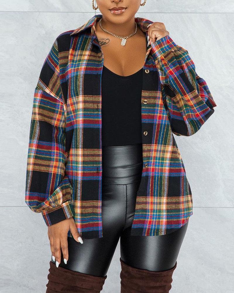 Plaid Print Long Sleeve Button Down Shacket