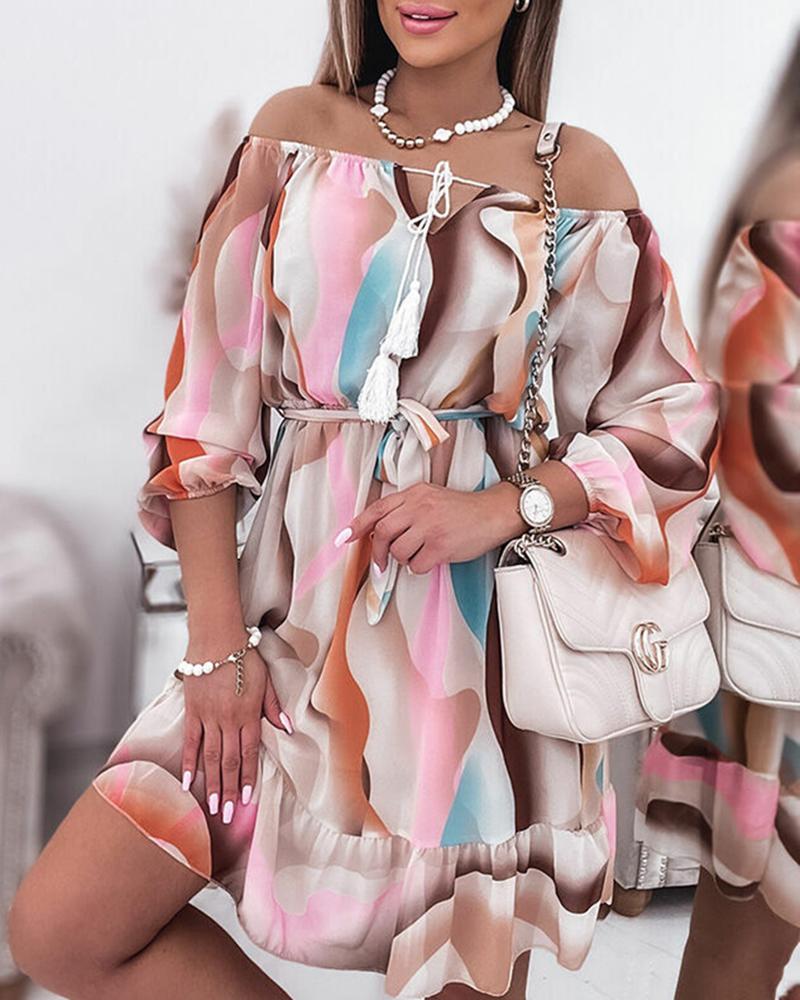 

Abstract Print Off Shoulder Tessel Design Ruffles Dress, Multicolor