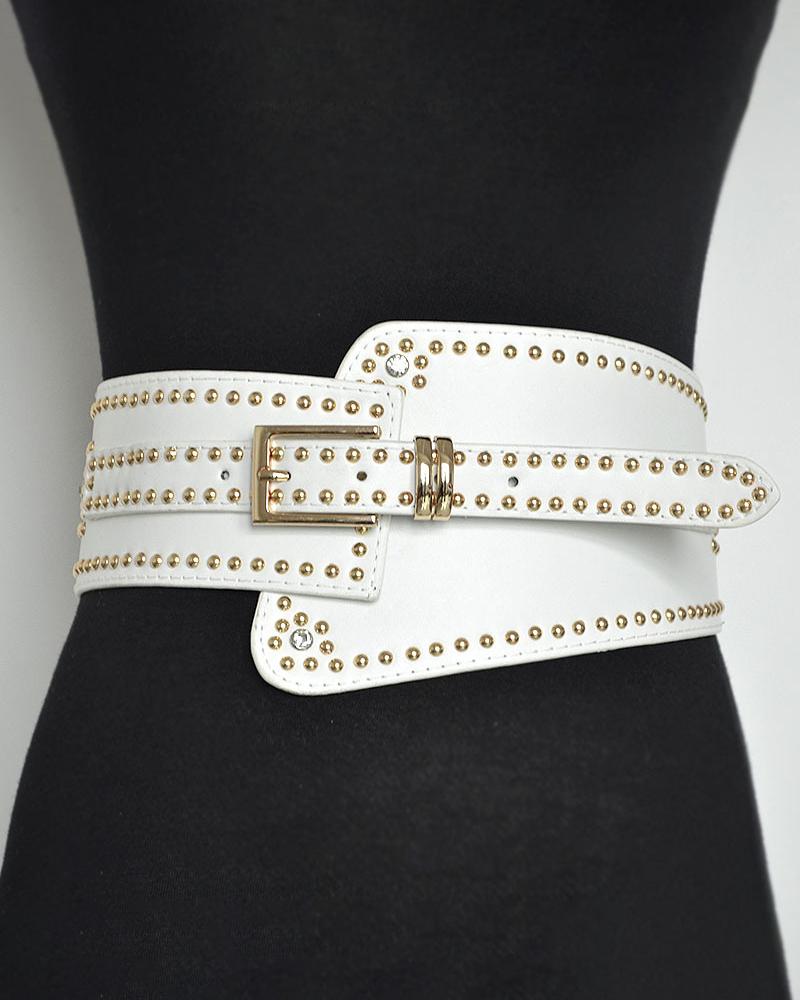 

1pc Asymmetrical Studded Decor Wide Belt, White