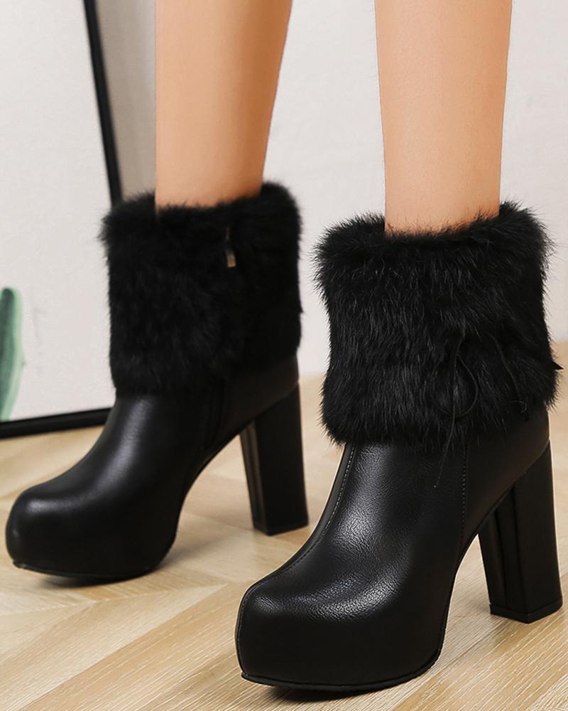

Fuzzy Detail Side Zip Chunky Heel Ankle Boots, Black