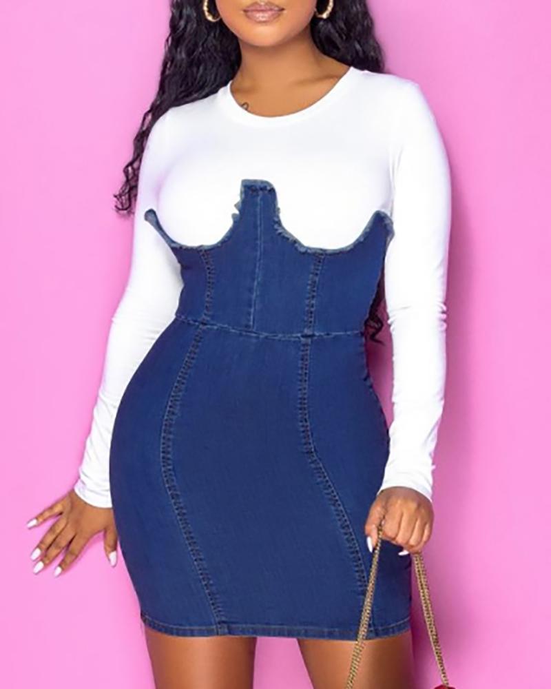 

Zip Back Fringe Hem Denim Patch Dress, White
