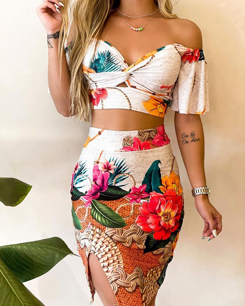 

Conjunto de Top Tropical Twisted Crop e Saia com Fenda, Beige